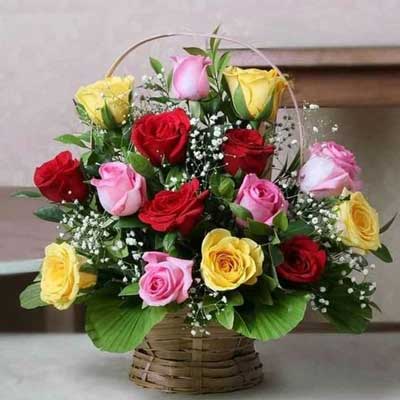 "Flower Basket with Mixed Roses and Fillers - Click here to View more details about this Product